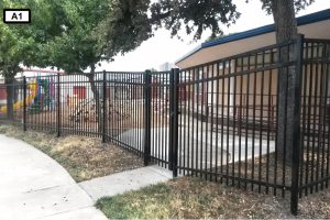 Ameristar Montage Residential Majestic 3 Rail Fence and Gate in Black Around Playground