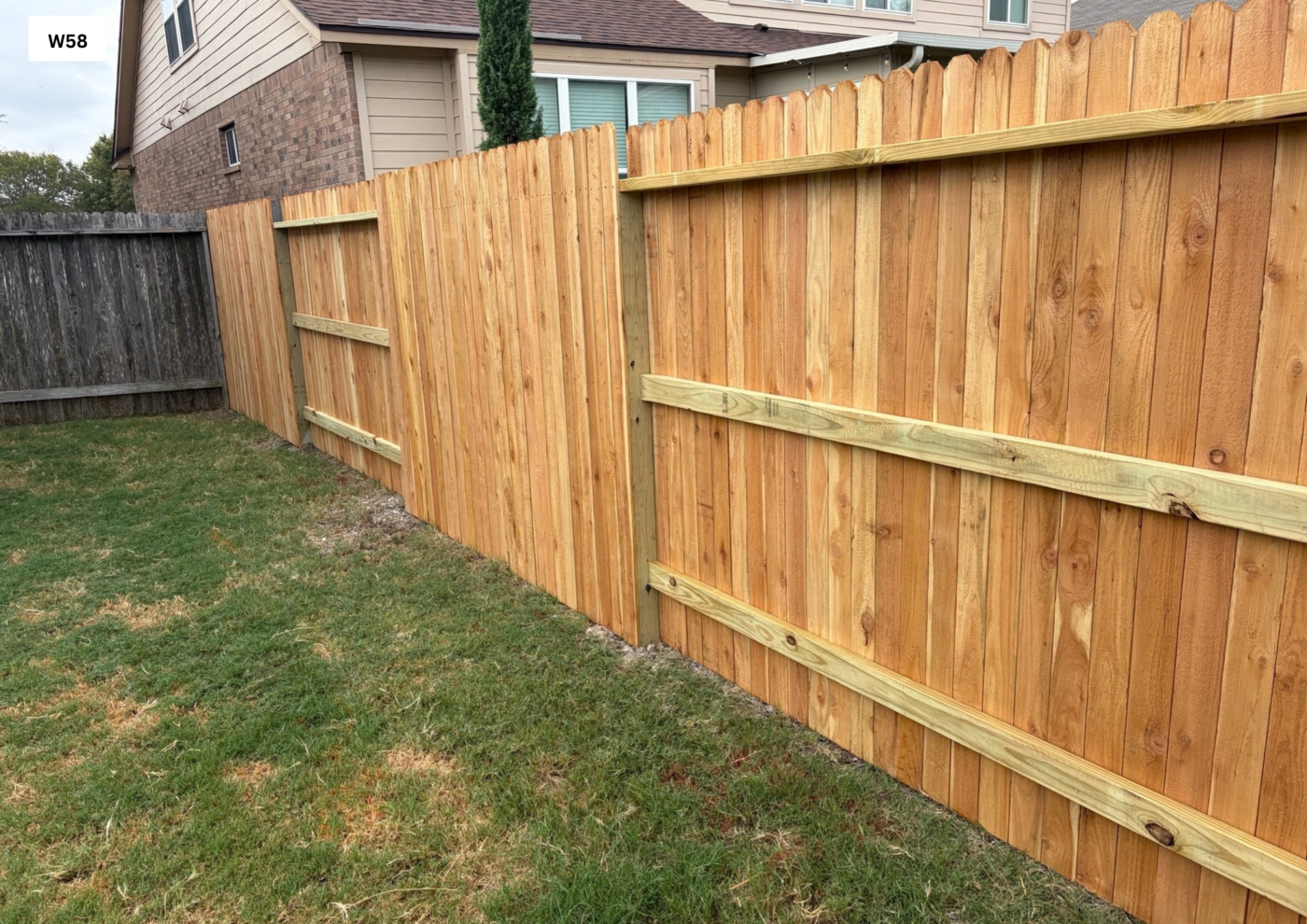 Cedar Good neighbor fence 1x6x6’ Dog Eared Cedar Good neighbor fence with (3) each 2x4 Treated Pine rails with 4x4 Womanized post set 8’ on center with galvanized nails